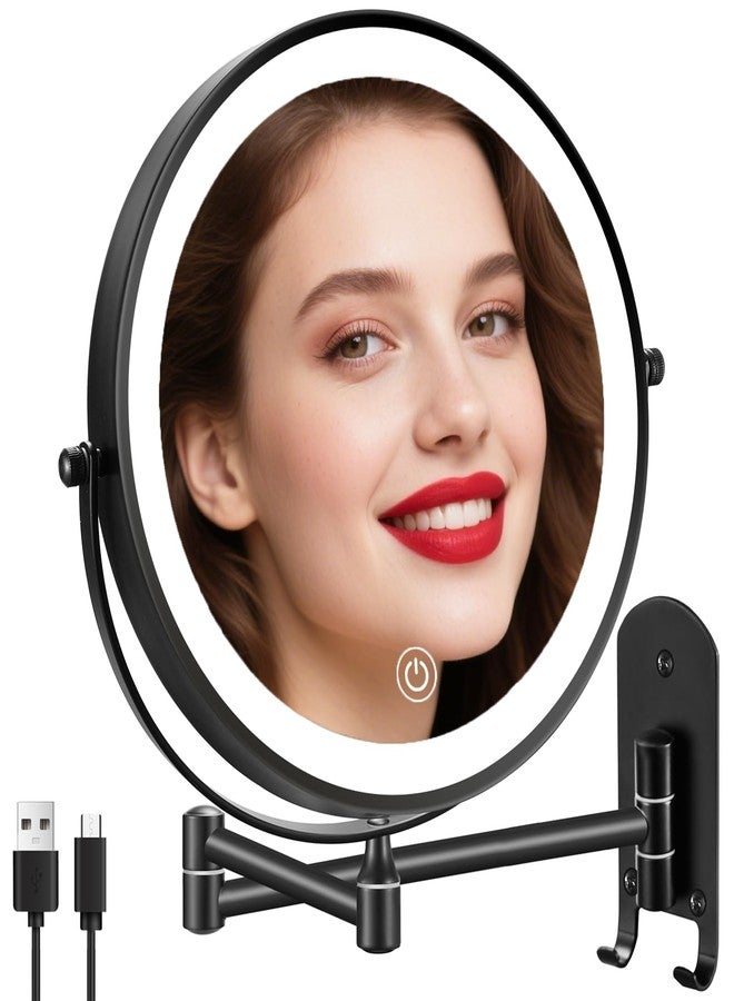 DECLUTTR 9" Rechargeable Wall Mounted Lighted Makeup Mirror, Double Sided 1X/10X Magnifying Mirror with 3 Color Lights Dimmable, Bathroom Mirror with Hook, Black - Image 1